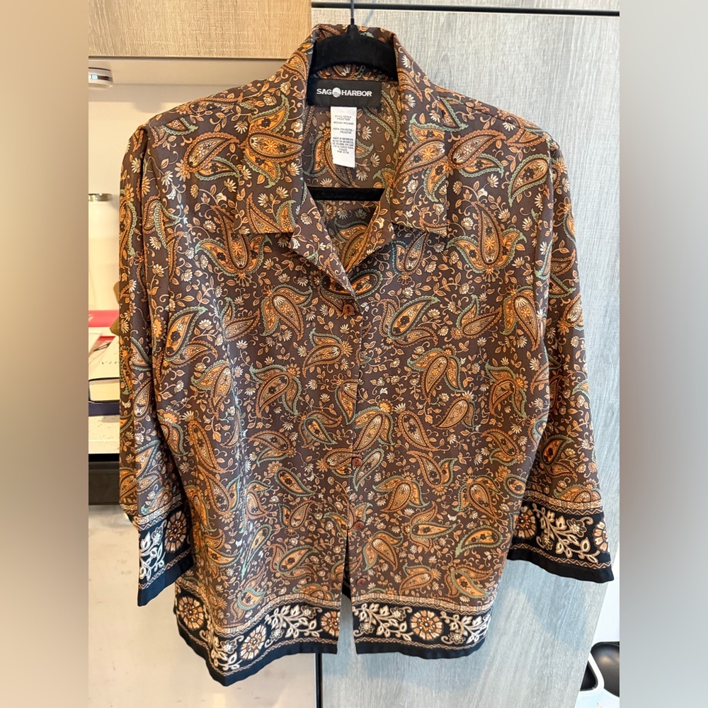 Sag Harbor Brown Paisley Button-Down Shirt with Teal and Tan Accents